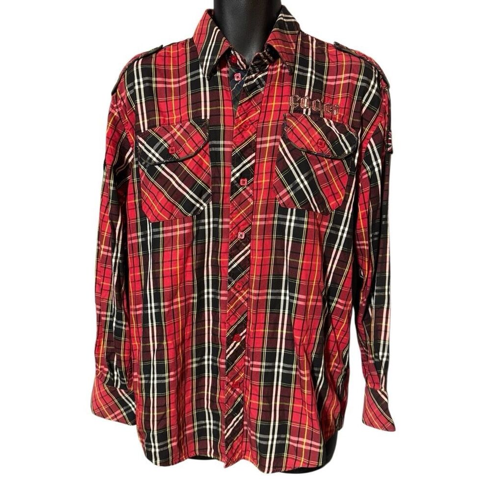 COOGI Red Black White & Yellow Plaid Flannel Button Shirt with Patches Men’s Lar